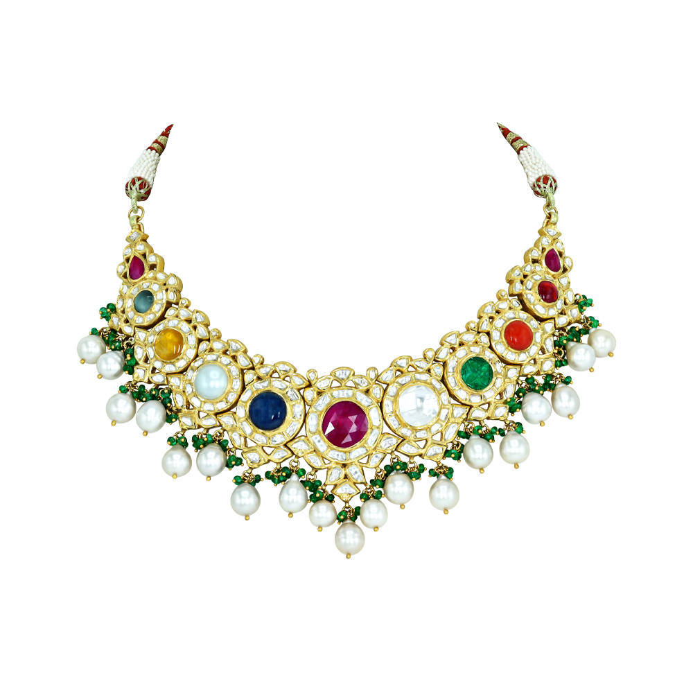 Navaratan Necklace with Polki Diamonds, Pearls, and Emerald Beads